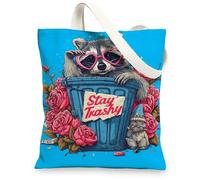 Fanciful Canvas Tote Bags, Cute Raccoon Design Reusable Shopping Bags, Fun Floral Lightweight Washable Shoulder Strap, Blue, 13x15 Inch