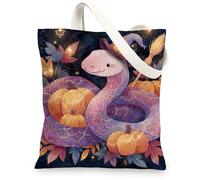 Fanciful Canvas Tote Bags, Cute Snake and Pumpkin Design Reusable Shopping Bags, Artistic Cozy Lightweight Washable Shoulder Strap Canvas Bags for Everyday Use 13x15 Inch