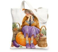 Fanciful Canvas Tote Bags, Cute Vintage Gardening Pattern Reusable Shopping Bags, Lightweight Washable Shoulder Strap Eco-F, White, 13x15 Inch