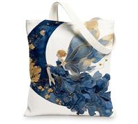 Fanciful Canvas Tote Bags, Fairy Moon Design Reusable Grocery Bags, Vintage Lightweight Washable Shoulder Strap Canvas Bags, Blue, 13x15 Inch