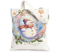 Fanciful Canvas Tote Bags, Festive Snow Man Design Reusable Grocery Bags, Lightweight Washable Shoulder Strap Canvas for Shopping Travel Holiday 13x15 Inch