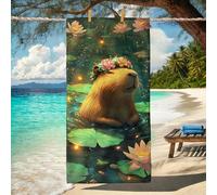 Fanciful Capybara Beach Towel Tropical Floral Microfiber Extra Large Green Lily Pads Quick Dry Absorbent Sand Free Lightweight Bathing Blanket, Pool Gym Outdoor Travel Essentials 70x35 Inch