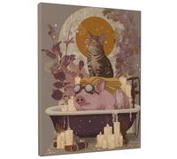 Fanciful Cat and Pig Bath Canvas Wall Art, Peach Violet Animal Print, Fun Home Aesthetic Decor for Living Room, Bedroom, Bathroom, Dorm, Wrapped Canvas 16x20 Inch