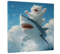 Fanciful Cat and Shark Canvas Wall Art, Blue White Playful Animal Prints, Fun Beach Style Decor for Living Room, Bedroom, Office, Wrapped Canvas 12x12 Inch