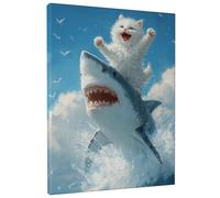 Fanciful Cat and Shark Canvas Wall Art, Blue White Playful Animal Prints, Fun Beach Style Decor for Living Room, Bedroom, Office, Wrapped Canvas 12x16 Inch
