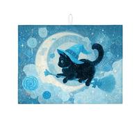 Fanciful Cat Dish Drying Mats For Kitchen Counter, Blue Fantasy Absorbent Dish Drainer Rack Mat, Magical Microfiber Drying Pad For Kitchen Counter Coffee Bar Protector 18x24 Inch