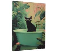 Fanciful Cat in Green Bathtub Wall Art, Botanical Green Jungle Print, Cute Home Decor for Living Room, Bedroom, Bathroom, Unframed 16x20 Inch