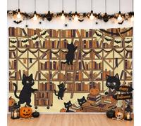 Fanciful Cat Library Scene Halloween Backdrop Banner 83x59 Inch | Library Bookshelf Backdrop, Photo Backdrop, Cat Illustration, Pumpkins Accents, Bat Bunting, Fanciful Seasonal Theme