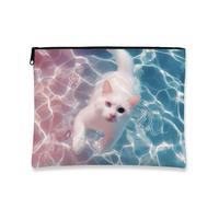 Fanciful Cat Makeup Bag, Adorable White Feline Patterned Travel Cosmetic Pouch for Women, Portable Zip Clutch, Fun Skincare Organizer, Ideal Gift for Cat Lovers, White, 7x9 Inch, Cat