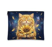 Fanciful Cat Makeup Bag, Artistic Sunflower Cosmetic Travel Pouch for Women, Portable Canvas Zipper Organizer, Floral Skincare Bag for All Seasons, Yellow, 7x9 Inch, Sunflower