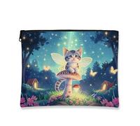 Fanciful Cat Makeup Bag, Blue Fantasy Fairy Cosmetic Travel Pouch for Women, Portable Small Canvas Zipper Organizer, Gift for Festivals and Holidays, Blue, 7x9 Inch