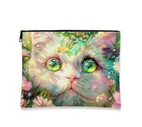 Fanciful Cat Makeup Bag, Colorful Floral Cosmetic Travel Pouch for Women, Portable Small Canvas Zipper Organizer, Spring Festival Gift Toiletry Bag, Multi, 7x9 Inch, Cat