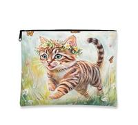 Fanciful Cat Makeup Bag, Cute Feline Floral Cosmetic Pouch for Women, Portable Small Canvas Zipper Organizer, Spring Travel Toiletry Bag 7x9 Inch