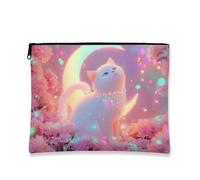 Fanciful Cat Makeup Bag, Dreamy Moonlit Floral Cosmetic Travel Bags for Women, Portable Small Canvas Zipper Pouch, Fantasy Gift Skincare Toiletry Bag Organizer, Peach, 7x9 Inch