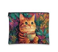 Fanciful Cat Makeup Bag, Vibrant Feline Floral Cosmetic Travel Pouch for Women, Portable Small Canvas Zipper Organizer, Cute for Animal Lovers, Autumn Seasonal Storage, Vibrant Orange, 7x9 Inch, Cat
