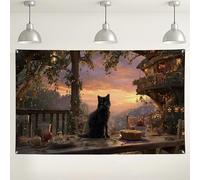 Fanciful Cat Sunset Wall Backdrop, Enchanted Forest Party Decorations, Cozy Indoor/Outdoor Photography Background for Fall Gatherings 71x43 Inch