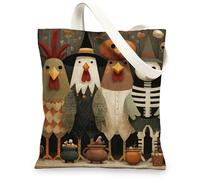 Fanciful Chicken Canvas Tote Bags, Colorful Poultry Pattern Reusable Shopping Bags, Fun Cartoon Style Lightweight Washable Shoulder Bags for Travel Gym Outdoors 13x15 Inch