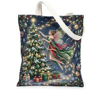 Fanciful Christmas Fairy Decorating Tree Canvas Tote Bag 13x15 Inch | Fanciful Forest Fairy, Twinkling Winter Lights, Holiday Gift Boxes, Enchanting Seasonal Atmosphere