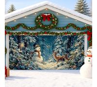 Fanciful Christmas Garage Door Cover, Snow Man and Deer Winter Scene Large Garage Door Decorations, Holiday Indoor and Outdoor Xmas Party Backdrop 157x71 Inch