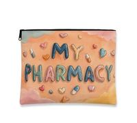 Fanciful Cosmetic Bag, Playful Pharmacy Print Travel Pouch for Women, Portable Canvas Zipper Organizer, Everyday Toiletry Bag, Peach, 7x9 Inch, Pouch