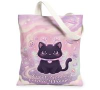 Fanciful Cosmic Fairy Cat Quote Black Halloween Canvas Tote Bag 13x15 Inch | Fairy Wings, Spaceship Spacecraft, Pastel Galaxy, Fanciful Fantasy, Celestial Theme
