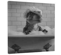 Fanciful Dinosaur Bath Canvas Wall Art, Black White Poster Prints, Fun Bathroom Home Decor for Living Room, Bedroom, Bathroom, Dorm, Wrapped Canvas 12x12 Inch