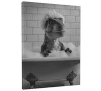Fanciful Dinosaur Bath Canvas Wall Art, Black White Poster Prints, Fun Bathroom Home Decor for Living Room, Bedroom, Bathroom, Dorm, Wrapped Canvas 8x10 Inch