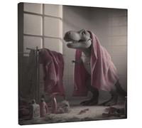 Fanciful Dinosaur Peach Bath Canvas Wall Art, Cute Shower Decor, Fun Bathroom Aesthetic for Kids Room, Playroom, Home Decor 12x12 Inch
