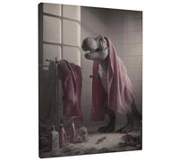 Fanciful Dinosaur Peach Bath Canvas Wall Art, Cute Shower Decor, Fun Bathroom Aesthetic for Kids Room, Playroom, Home Decor 12x16 Inch