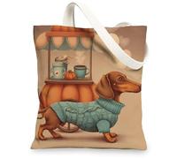 Fanciful Dog Canvas Tote Bags, Cute Animal Illustration Reusable Grocery Bags, Fun Casual Lightweight Washable Shoulder Str, Beige, 13x15 Inch