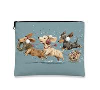 Fanciful Dog Makeup Bag, Vintage Christmas Canine Cosmetic Pouch for Women, Portable Canvas Zipper Organizer for Holiday Travel, Blue, 7x9 Inch, Dogs