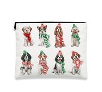 Fanciful Dogs Makeup Bag, Festive Holiday Cosmetic Pouch for Women, Portable Canvas Zipper Organizer, Christmas Toiletry Bag, White, 7x9 Inch, Dogs