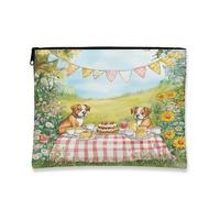 Fanciful Dogs Makeup Bag, Vintage Picnic Cosmetic Pouch for Women, Portable Canvas Zipper Organizer, Spring Travel Toiletry Bag 7x9 Inch
