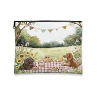 Fanciful Dogs Makeup Bag, Vintage Picnic Cosmetic Pouch for Women, Portable Canvas Zipper Organizer, Spring Outdoor Travel Toiletry Bag 7x9 Inch