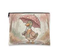 Fanciful Duck Makeup Bag, Cute Polka Dot Umbrella Cosmetic Travel Pouch for Women, Portable Canvas Zipper Organizer, Spring Rainy Day Gift, Peach, 7x9 Inch, Duck