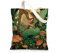 Fanciful Enchanted Fairy Floral Reusable Canvas Tote Bags Vintage Boho Lightweight Washable Tote Bags, green, 13x15 Inch