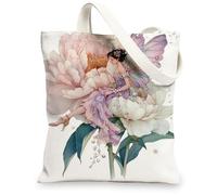 Fanciful Fairy Canvas Tote Bags, Vintage Floral Design Reusable Shopping Bags, Lightweight Washable Shoulder Strap Canvas B, White, 13x15 Inch