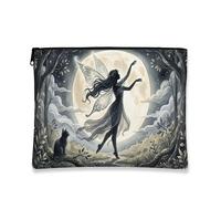 Fanciful Fairy Makeup Bag, Enchanted Moonlight Cosmetic Travel Pouch for Women, Portable Canvas Zipper Organizer, Nighttime Skincare Toiletry Bag, Black, 7x9 Inch, Fairy