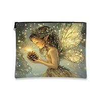 Fanciful Fairy Makeup Bag, Enchanting Pinecones Cosmetic Travel Pouch for Women, Portable Canvas Zipper Organizer, Winter Holiday Toiletry Bag 7x9 Inch