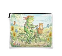 Fanciful Floral Makeup Bag, Cute Amphibian and Cat Bike Print Cosmetic Organizer for Women, Portable Canvas Zipper Pouch, Spring Travel Toiletry Bag, Green, 7x9 Inch, Amphibian