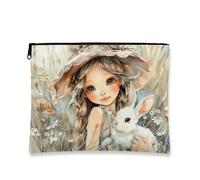 Fanciful Floral Makeup Bag, Cute Girl Rabbit Vintage Cosmetic Travel Bags for Women, Portable Small Canvas Zipper Pouch, Spring Gift Skincare Toiletry Bag Organizer, Beige, 7x9 Inch, Bag