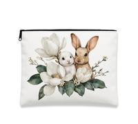 Fanciful Floral Makeup Bag, Cute Rabbit and Flower Print Cosmetic Pouch for Women, Portable Small Zipper Organizer, Perfect for Travel, Spring Festival Gift, White, 7x9 Inch, Rabbit