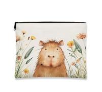 Fanciful Floral Makeup Pouch, Cute Capybara Design Portable Small Canvas Cosmetic Travel Bag for Women, Festival Gift Skincare Organizer, Brown, 7x9 Inch, Pouch
