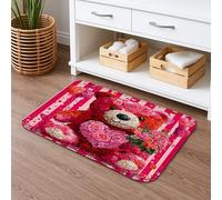 Fanciful Floral Quick Dry Bath Mat, Peach Bear with Roses Absorbent Non Slip Shower Mat, Valentine's Day Washable Bath Rugs for Bathroom Toilet Restroom Decorative 20x32 Inch