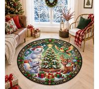 Fanciful Forest Animal Christmas Scene Polar Bear Round Area Rug 5ft | Forest Animals, Circle Rug, Christmas Tree, Fanciful, Nature Lovers, Living Room, Holiday Magic
