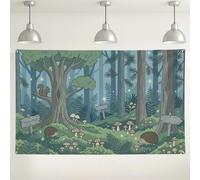 Fanciful Forest Backdrop, Cute Woodland Animals and Foliage Design, Green and Blue Photography Background for Parties, Nature Theme Decor for All Seasons 71x43 Inch
