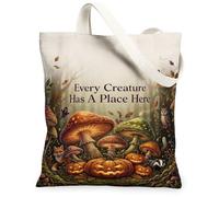 Fanciful Forest Woodland Quote Mushrooms Autumn Canvas Tote Bag 13x15 Inch | Forest Animals, Carved Pumpkins, Fall Foliage, Woodland Theme, Cozy Nature Aesthetic, Seasonal Decor, Inspirational Quote