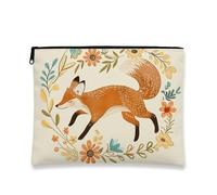Fanciful Fox Makeup Bag, Floral Vintage Cosmetic Travel Pouch for Women, Portable Small Canvas Zipper Organizer, Gift for Spring Festivals, Beige, 7x9 Inch, Fox