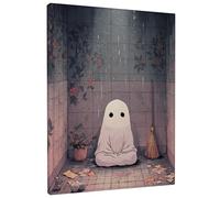 Fanciful Ghost Canvas Wall Art, Soft Peach Grey Floral Illustration, Home Aesthetic Decor for Living Room, Bedroom, Bathroom, Dorm, Wrapped Canvas 12x16 Inch