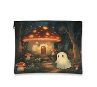 Fanciful Ghost Makeup Bag, Enchanting Mushroom Cosmetic Travel Pouch for Women, Portable Canvas Zipper Organizer, Halloween Skincare Toiletry Bag 7x9 Inch